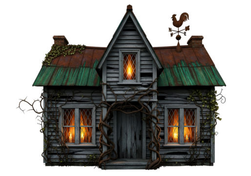 An aged, weathered house with gabled roof, adorned with intricate vines and illuminated by flickering candles in the windows, evokes a sense of mystery and foreboding.