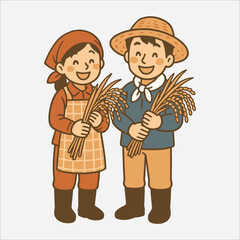 Vector cartoon illustration of farmers harvesting fresh agricultural products. A male farmer carrying a basket filled with vegetables such as tomatoes and carrots, and a happy farmer couple holding go