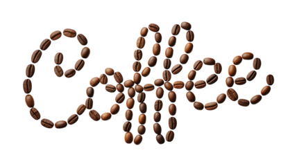 The word coffee spelled out with roasted coffee beans, isolated on transparent background