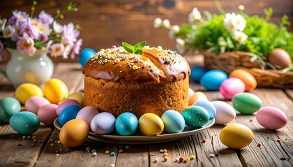 Easter bread and eggs on rustic wooden table (1)