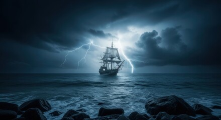 Obraz premium Ancient Ship in a Tempestuous Storm