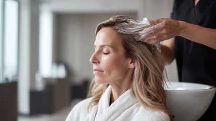 Naklejka premium Relaxing beauty treatment. Woman receiving a nourishing hair mask. Represents selfcare, pampering, and wellness. Ideal for salon, spa, or lifestyle marketing.