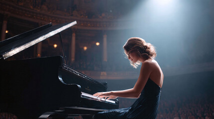 Elegant woman playing grand piano on stage in concert hall. Evokes artistry, sophistication, and performance. Ideal for music, arts, culture, and entertainment themes.