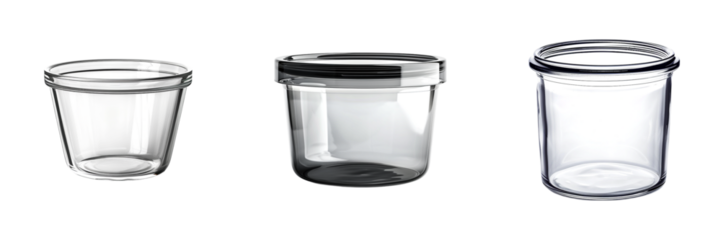 Transparent glass jars with varying shapes rim designs on transparent background generative ai