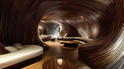 Obraz premium Interior wood-paneled room with flowing curves, natural light, cozy seating, and a serene ambiance