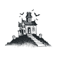 Naklejka premium A black and white drawing of a haunted house on a hill.