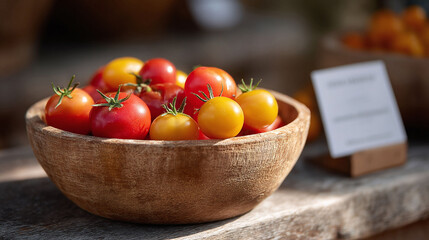 Rustic bowl brimming with ripe red and yellow tomatoes, evoking freshness and natural goodness. Ideal for food blogs, farmtotable concepts, and healthy eating visuals.