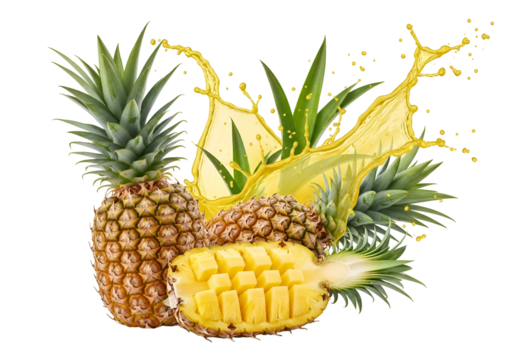 Fresh pineapples with vibrant juice splashes against a striking black backdrop.