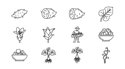 Collection of hand drawn botanical and agricultural silhouettes with a farmer silhouette