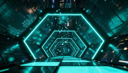 Step into a futuristic digital realm with glowing neon hexagons and intricate circuit board designs, promising innovation and advanced technology for your next project.