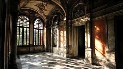Fototapeta premium Sun-drenched, ornate hallway in an old palace
