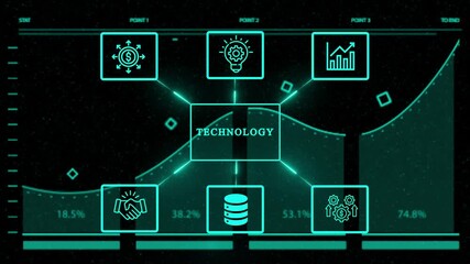 Futuristic technology interface with glowing icons representing various business concepts, data analysis, and financial growth on a dark digital display - Powered by Adobe