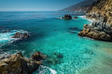 Fototapeta premium Bixby Creek Bridge Coastline: Turquoise Waters and Rocky Cliffs, California Coastline