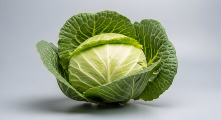 Fototapeta premium Fresh Green Cabbage Head with Water Droplets, Isolated on a Soft Grey Studio Background