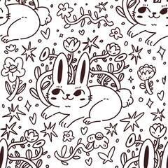 Seamless outline pattern with a cute rabbit on a white background, decorated with plants, flowers, hearts, and stars. A playful and charming design.