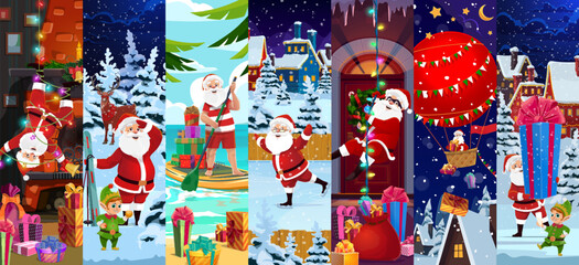 Christmas Santa Claus characters collage, vector Merry Xmas holiday. Cartoon cute Santa characters, Christmas gifts bag, Xmas tree, reindeer and funny elf personages at winter holiday village streets