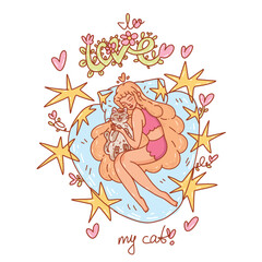 Vector illustration of a young girl lying on the bed, gently hugging her fluffy cat. Cozy, tender and heartwarming scene on white background.