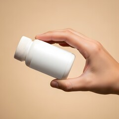 Hand Holding White Medicine Bottle with Blank Label Mockup on Beige Background