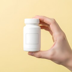 Hand Holding White Pill Bottle Mockup with Blank Label on Yellow Background