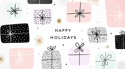 "Happy Holiday" text and multiple illustrated gift boxes in different pastel colors. 