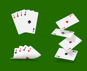 Realistic poker game play cards on casino gambling green table vector background. Quad of aces poker game hands set of realistic playing cards with red black hearts, diamonds, clubs and spades suits