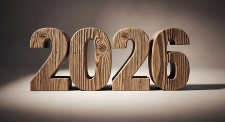 Wooden '2026' year displayed on a white surface with soft brown lighting