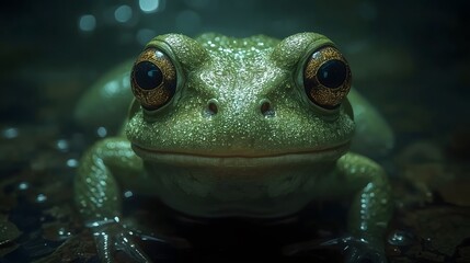 A macro 3D render of an adorable green frog with large, glistening golden-brown eyes and a friendly smile, sitting in a wet, dark environment with blurred bokeh lights