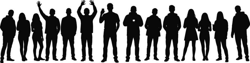 Silhouette group of diverse young people standing together, casual crowd of men and women posing in various natural body gestures