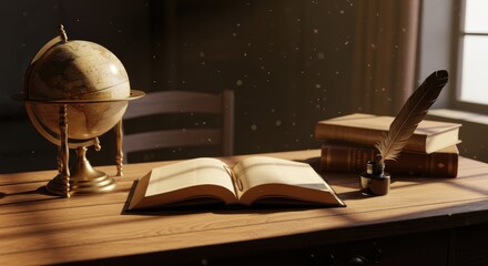 A Study in Golden Hues: Globe, Books, and Quill Pen