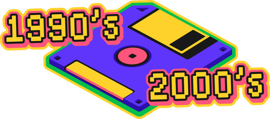 Personal computer floppy disk Y2K groovy sticker or hippie label. Vintage computer technology funky vector label, 1990s gadget tag. Digital device patch with diskette storage and pixelated typography