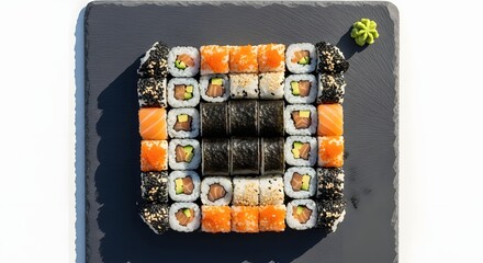Large assorted sushi maki roll set on a dark slate platter.