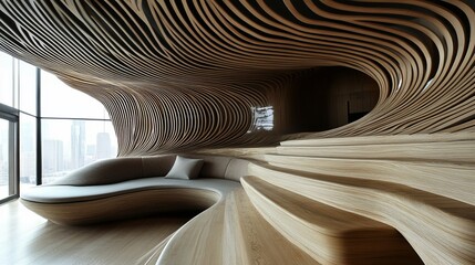 Wooden, curved seating area with sweeping ceiling