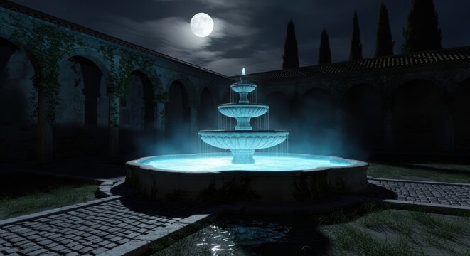 Moonlit Fountain in a Serene Courtyard