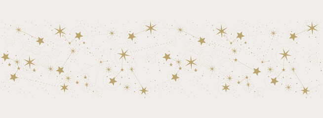 Seamless pattern border with constellations for astrology, tarot, fortune telling, mystical golden ornament of stars on beige background. Vector illustration.