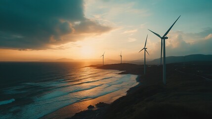 Coastal sunset with wind turbines (1)