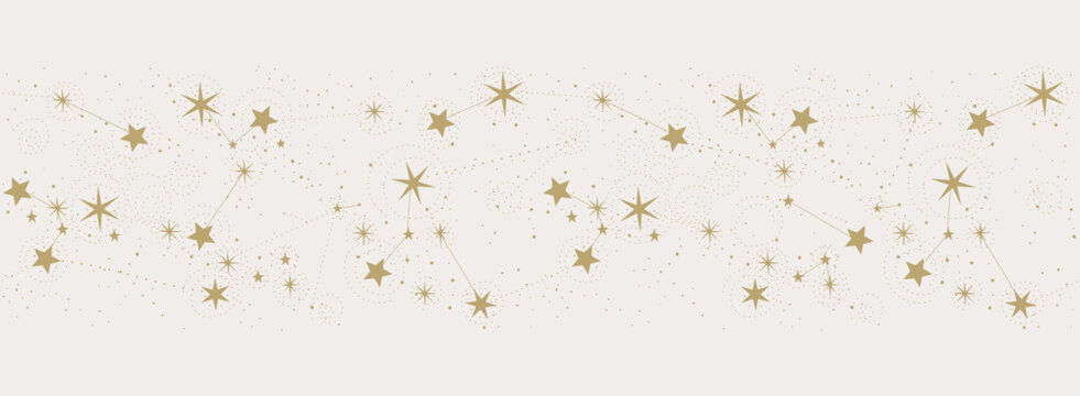 Seamless pattern border with constellations for astrology, tarot, fortune telling, mystical golden ornament of stars on beige background. Vector illustration.