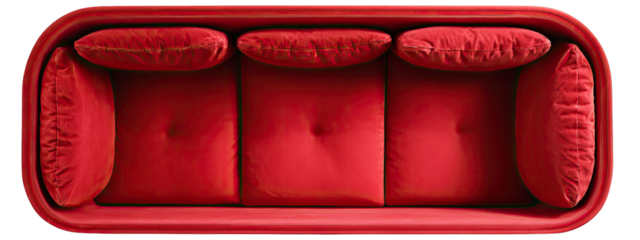 Red, oval-shaped sofa with three cushioned seats