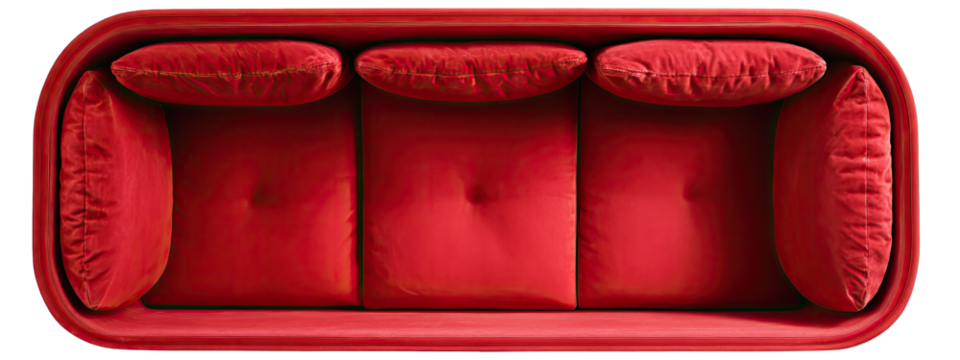 Red, oval-shaped sofa with three cushioned seats