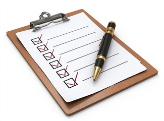 A clipboard with a checklist and pen.  Blank checklist on clipboard.  Wooden clipboard, black pen, red checkmarks.  Ready to complete tasks