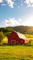 Obraz premium Red barn on a grassy hill at sunset