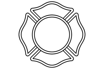 A maltese cross emblem with an oval center and double lined border in black and white outline