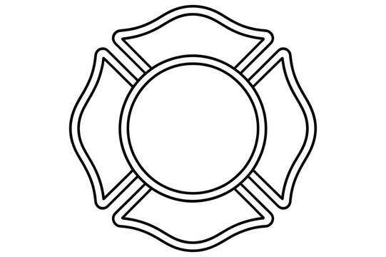 A maltese cross emblem with an oval center and double lined border in black and white outline