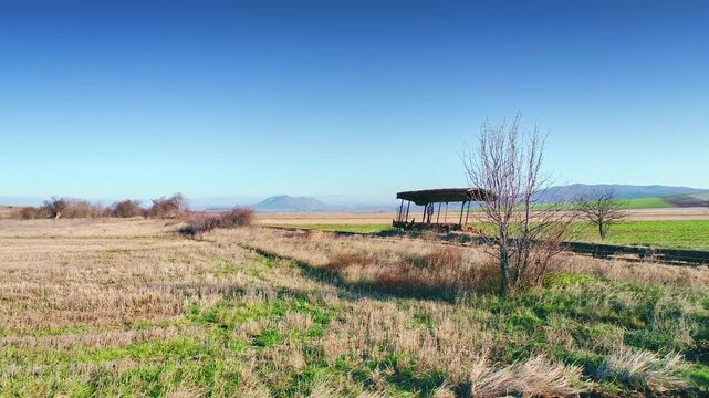 Drone view scenery, dry grass, planted fields, old rusty wagon by the track