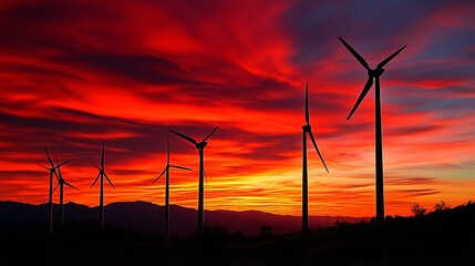 Obraz premium Silhouette wind turbines against fiery sunset (1)