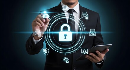 A businessman in a suit interacts with a digital interface displaying a padlock and security icons, representing cybersecurity and data protection.