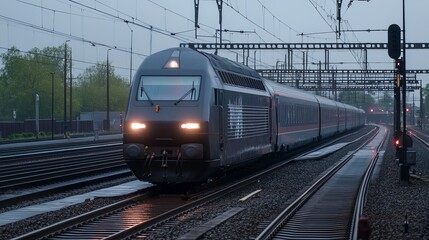 Fototapeta premium Gray train on wet tracks at station