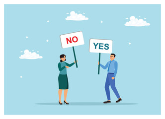 Employees protest with yes and no signs.