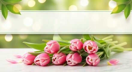 A bouquet of delicate pink tulips rests on a light surface, complemented by a soft green background and a blank banner.