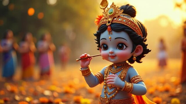 Shree Krishna for Janmashtami, Bal Krishna, Radha Krishna. Adorable depiction of child Lord Krishna with a flute wearing traditional attire and jewelry, surrounded by festive decorations and devotees