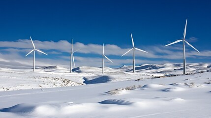 Snowy landscape with wind turbines under a clear blue sky